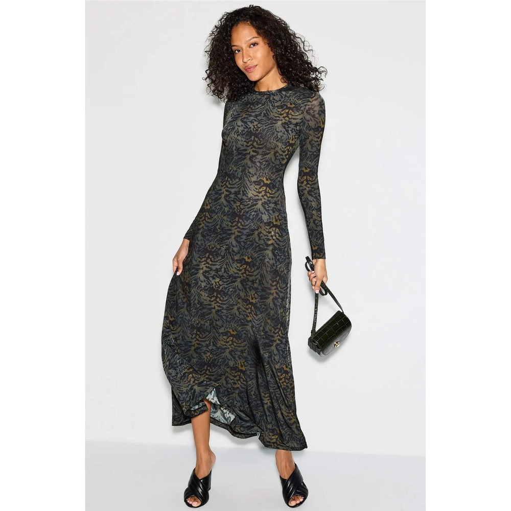 Ulla Johnson Amari Maxi Dress Green Black Jersey Animal Print Long Sleeve Sz M